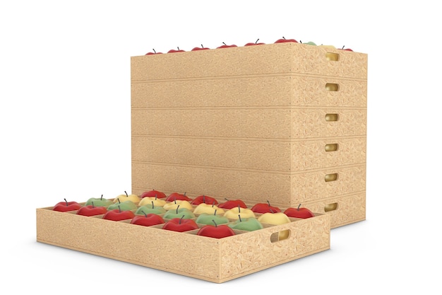 Foto cajas de madera con manzanas amarillas, rojas y verdes sobre un fondo blanco. representación 3d