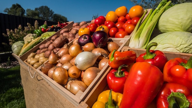 Foto cajas de madera con verduras de temporada en un mostrador del mercado de agricultores