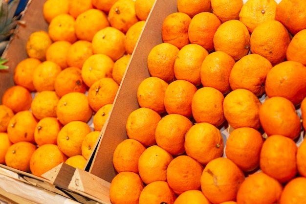 Cajas de mandarinas jugosas en un mostrador de la tienda.