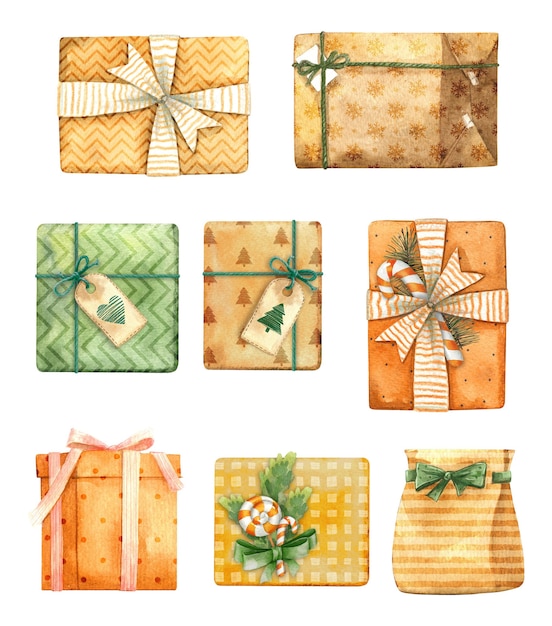 Cajas de Navidad isolatet set acuarela ilustración