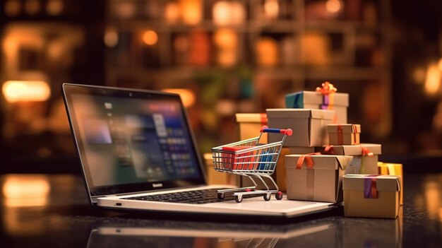 Cajas de paquete de productos y bolsa de compras en el carro