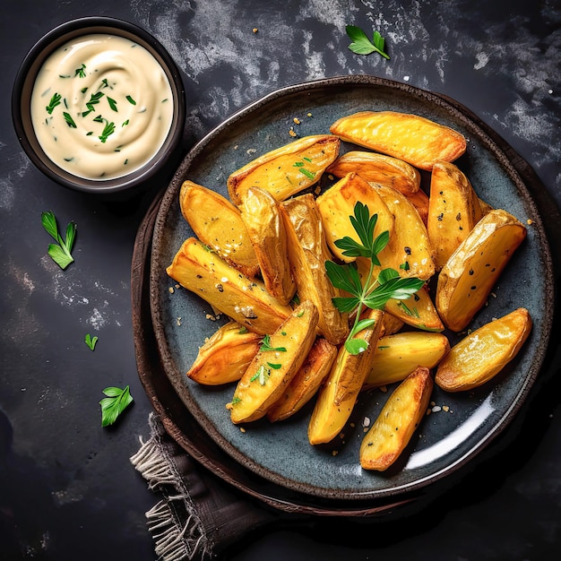 Cajas de patata en salsa de ajo cremosa en una mesa negra