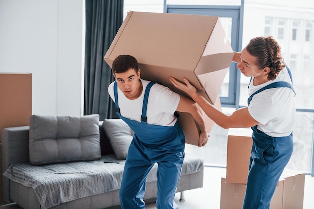 Cajas pesadas Dos jóvenes motores en uniforme azul trabajando en el interior de la habitación