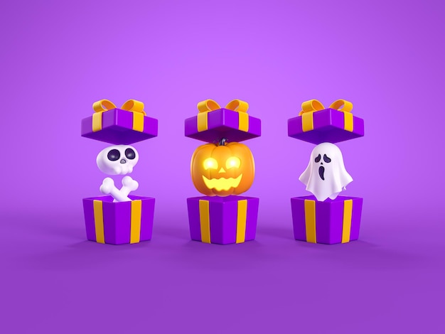 Cajas de regalo abiertas con Halloween JackoLantern calabazas fantasma cráneo y huesos sobre fondo púrpura