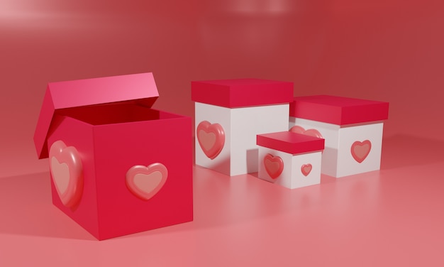 Cajas de regalo abstracto con fondo rojo. Ilustración 3d