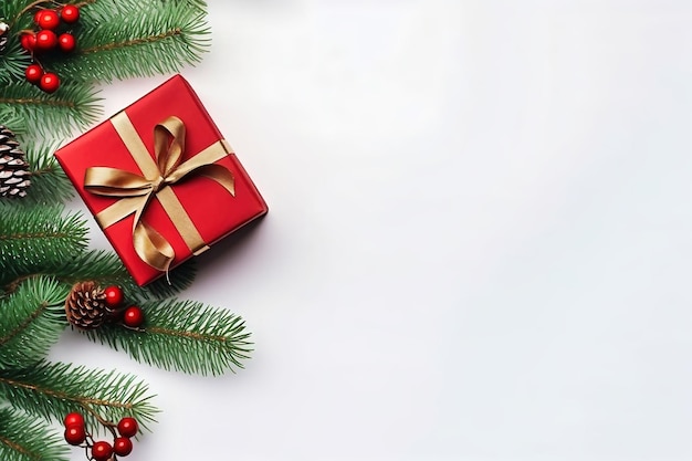 Cajas de regalo y adornos navideños sobre un fondo blanco Ramas de árboles de Navidad y conos Marco festivo para una tarjeta de felicitación Espacio para copiar