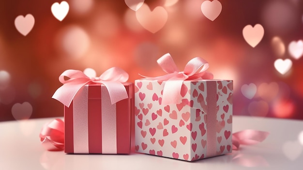 Cajas de regalo con arcos y corazones rosados sobre el fondo del efecto bokeh