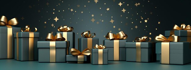 Cajas de regalo con arcos dorados en fondo oscuro renderización en 3D