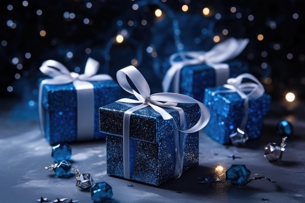 Foto cajas de regalo azules navidad y feliz año nuevo concepto copia espacio