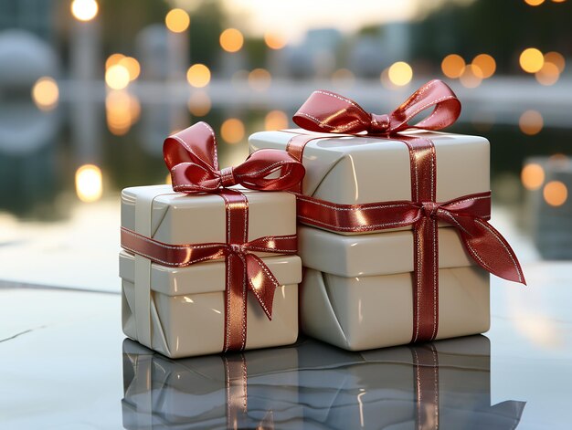 cajas de regalo blancas con cinta roja y lazo sobre una mesa de cristal.