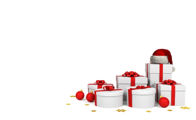 Cajas de regalo blancas con cinta roja y sombrero de Santa Claus sobre fondo blanco, 3D Rendering