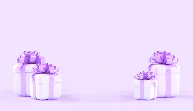 Cajas de regalo blancas con cintas moradas y lazos y espacio en blanco para mostrar el producto sobre fondo rosa pastel Regalo de cumpleaños Día de San Valentín Premio de bonificación de Navidad o Año Nuevo o presentación 3d sorpresa