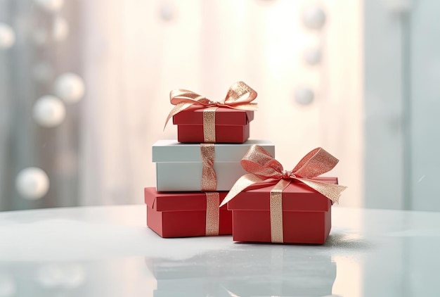 Cajas de regalo de celebración con lazos de cinta en mesa blanca