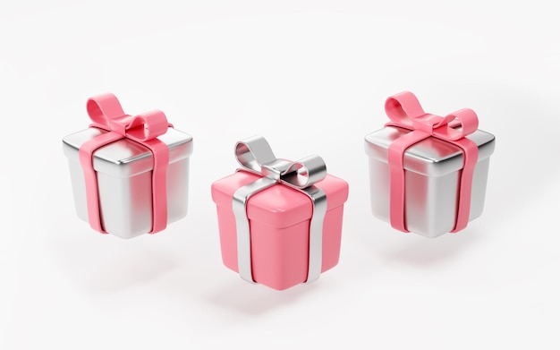 Cajas de regalo con cinta de plata rosa sobre fondo blanco 3D Render