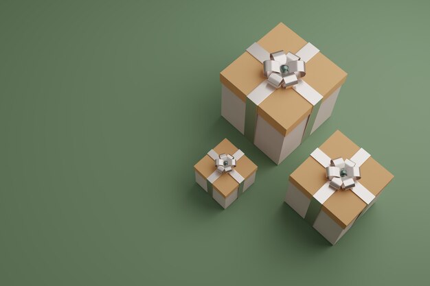 Cajas de regalo con cintas brillantes y lazo. Embalaje festivo, diseño minimalista.