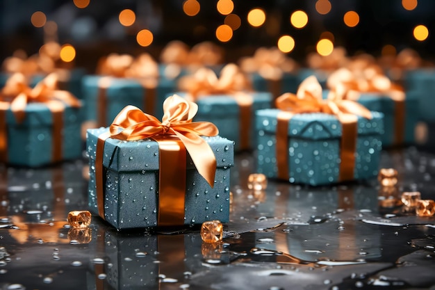 cajas de regalo con cintas contra luces festivas borrosas celebración navideña viernes negro