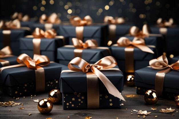 Cajas de regalo con cintas doradas y bolas de Navidad sobre fondo de madera