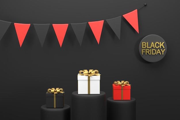 Cajas de regalo de compras 3D Black Friday en podios y banderas