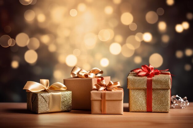 Cajas de regalo en concepto de Navidad y año nuevo de fondo bokeh