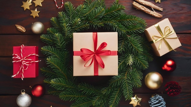 Foto cajas de regalo entre coronas de abeto cerca de trampas y bolas de navidad