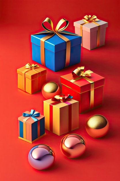Cajas de regalo y decoraciones sobre fondo rojo.