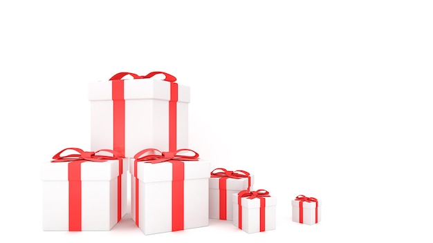 Cajas de regalo decorativas con lazos rojos y cintas, render 3d.