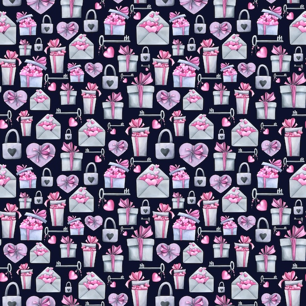 Cajas de regalo de diferentes formas y un sobre con corazones rosas un candado con una llave Ilustración acuarela Patrón sin costuras sobre un fondo oscuro de la colección DÍA DE SAN VALENTÍN Para el diseño