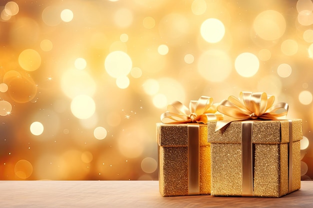 Cajas de regalo doradas navideñas con cinta y decoración Tarjeta de felicitación navideña IA generativa