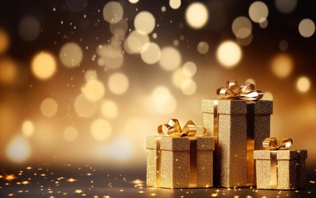 Cajas de regalo doradas y partículas doradas brillantes con fondo claro bokeh