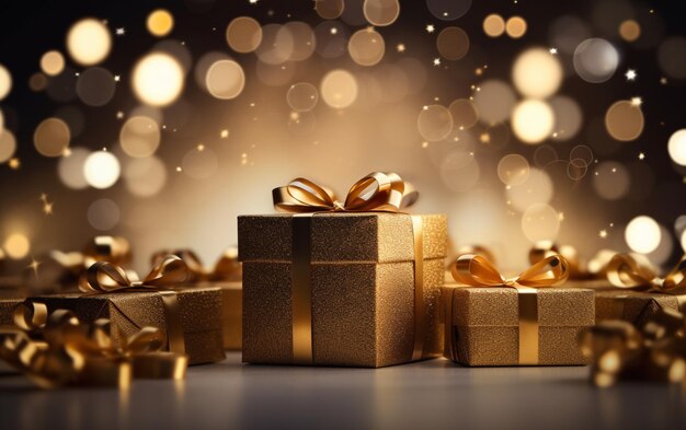 Cajas de regalo doradas y partículas doradas brillantes con fondo claro bokeh