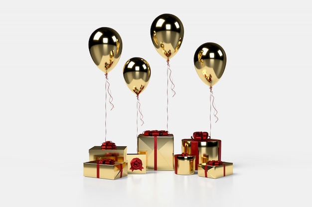 cajas de regalo dorado con globos en el fondo