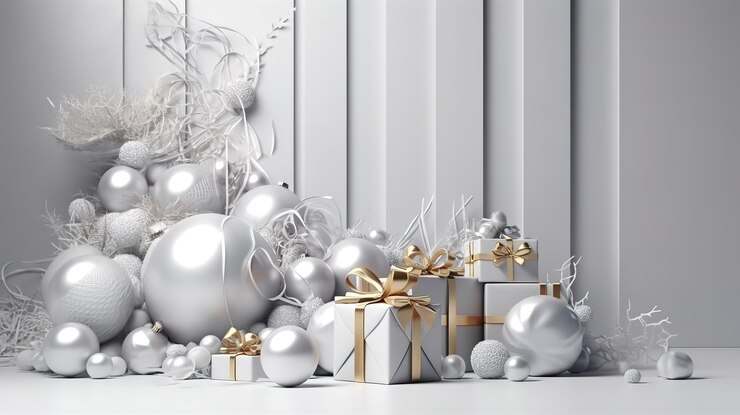 Cajas de regalo envueltas en bolas de cristal vacías con cintas doradas Ai generativo