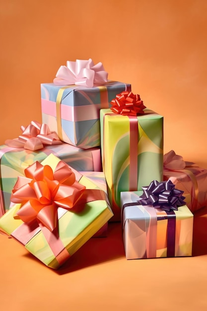 Cajas de regalo envueltas en papel brillante y cintas creadas con ai generativo.