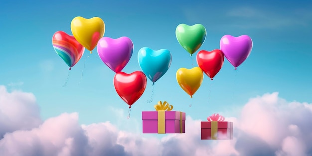 Cajas de regalo con globo de corazón flotando en el cieloIA generativa