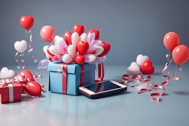 Cajas de regalo con globos en forma de corazón y pantalla en blanco del celular