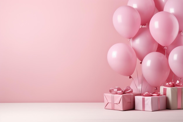 Cajas de regalo y globos rosas sobre un fondo rosa.