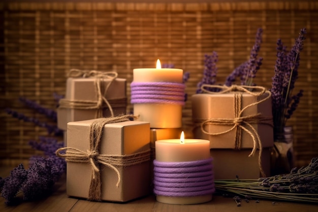 Cajas de regalo de hilo con lavanda y vela encendida en papel kraft IA generativa