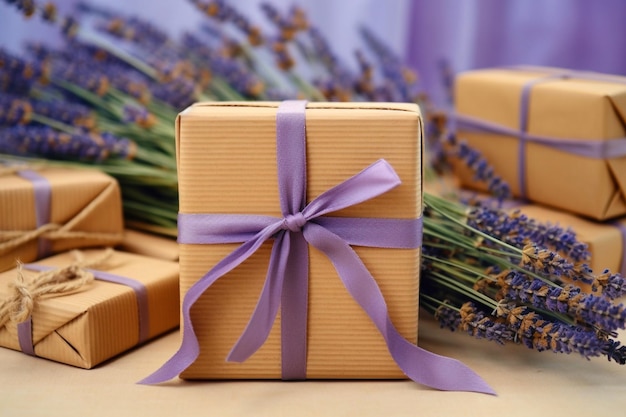 Cajas de regalo de hilo con lavanda y vela encendida en papel kraft IA generativa