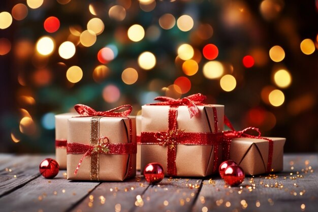 Cajas de regalo mágicas de Navidad, lazos rojos brillan en medio de la celebración de luces bokeh