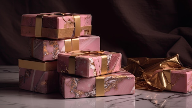 Cajas de regalo de mármol rosa con cintas doradas apiladas una encima de la otra