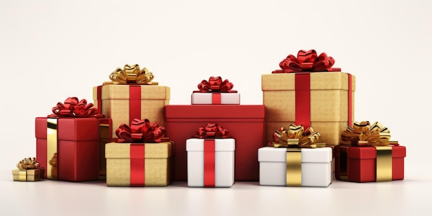 Cajas de regalo Muchos regalos con cinta roja sobre fondo blanco Regalos rojos y dorados Cumpleaños Año nuevo Estado de ánimo festivo Lazo dorado en la caja