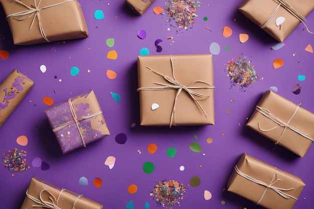 cajas de regalo de navidad con cintas y confeti sobre fondo de color