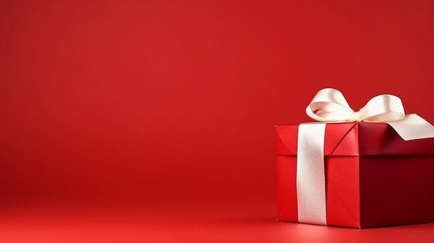 Foto cajas de regalo de navidad con cintas rojas sobre fondo rojo.