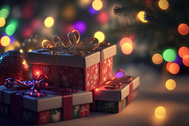 Las cajas de regalo de Navidad están enfocadas con luces a su alrededor mientras que el fondo es borroso