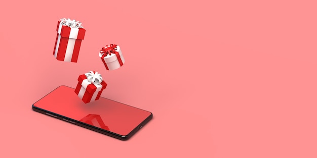 Cajas de regalo de Navidad flotando sobre un espacio de copia de smartphone