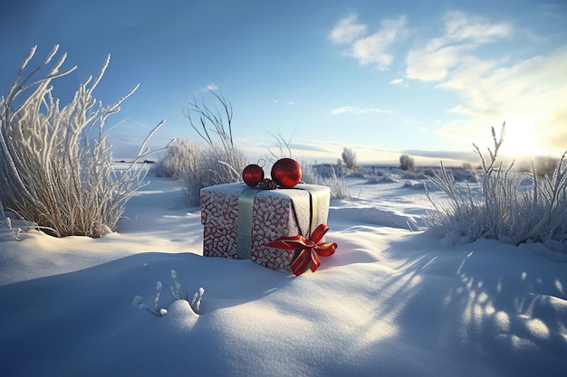 Cajas de regalo de Navidad de ilustración generada por Ai sobre fondo de nieve