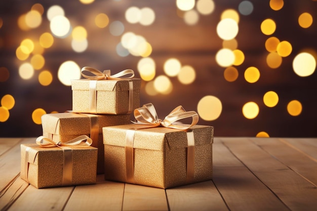 Cajas de regalo de Navidad Montón de regalo dorado o cajas de regalo en mesa de madera Composición para cumpleaños