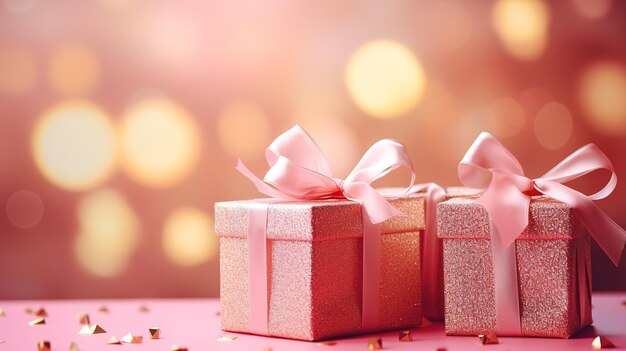 Cajas de regalo de Navidad rosa con lazo dorado sobre fondo azul de vacaciones desenfocado