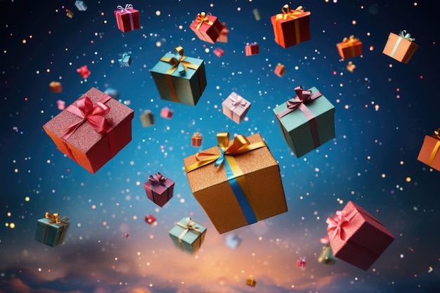 Cajas de regalo navideñas coloridas vuelan y caen del cielo Ilustración generativa de IA