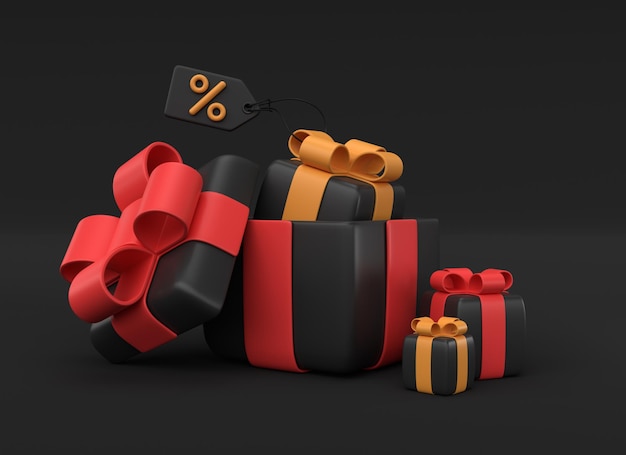 Cajas de regalo negras 3D con arcos rojos y amarillos y una etiqueta de precio con porcentajes estandarte de estilo realista minimalista para la venta publicitaria para el viernes negro o el año nuevo renderización 3D